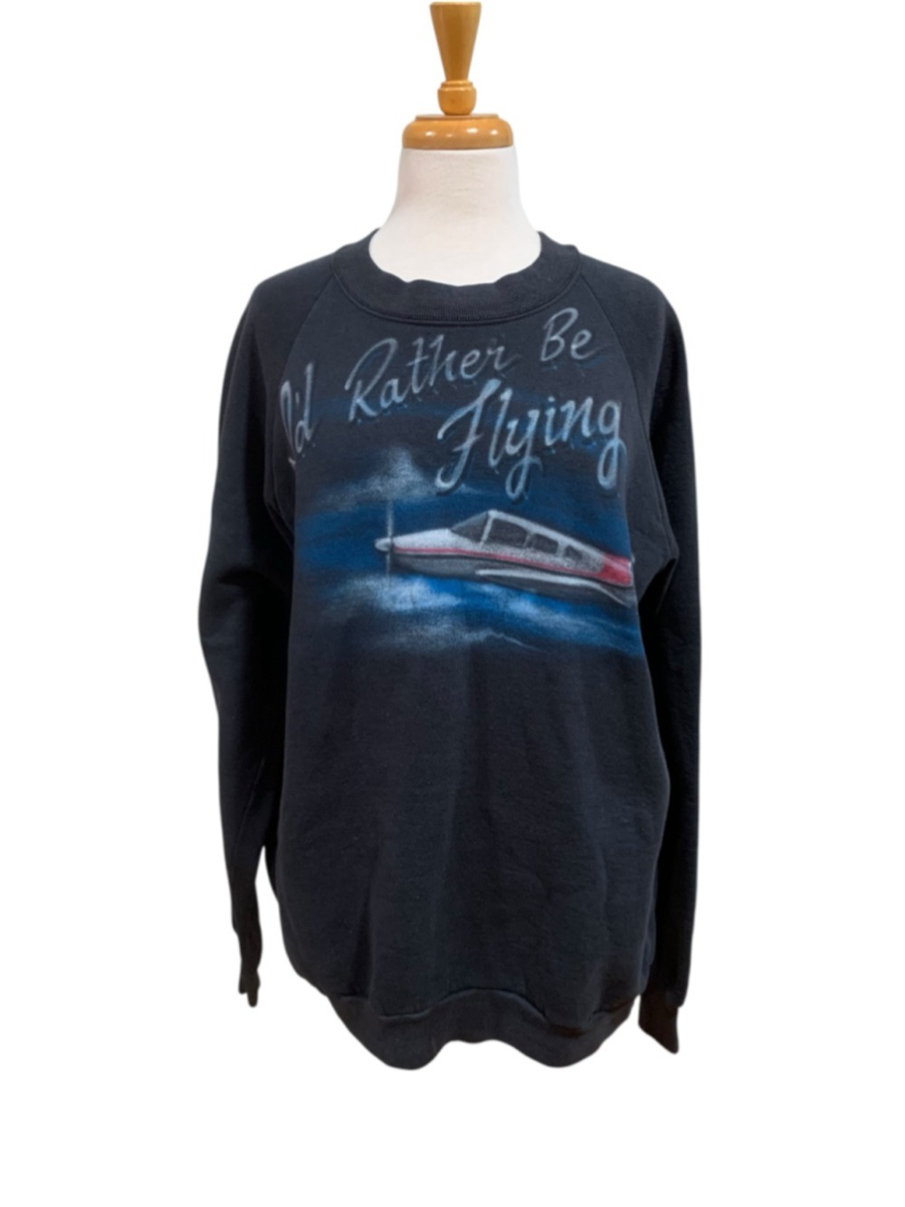 Vntg 90’s airbrushed Sweatshirt Medium Black Blue I'd Rather Be Flying Graphic